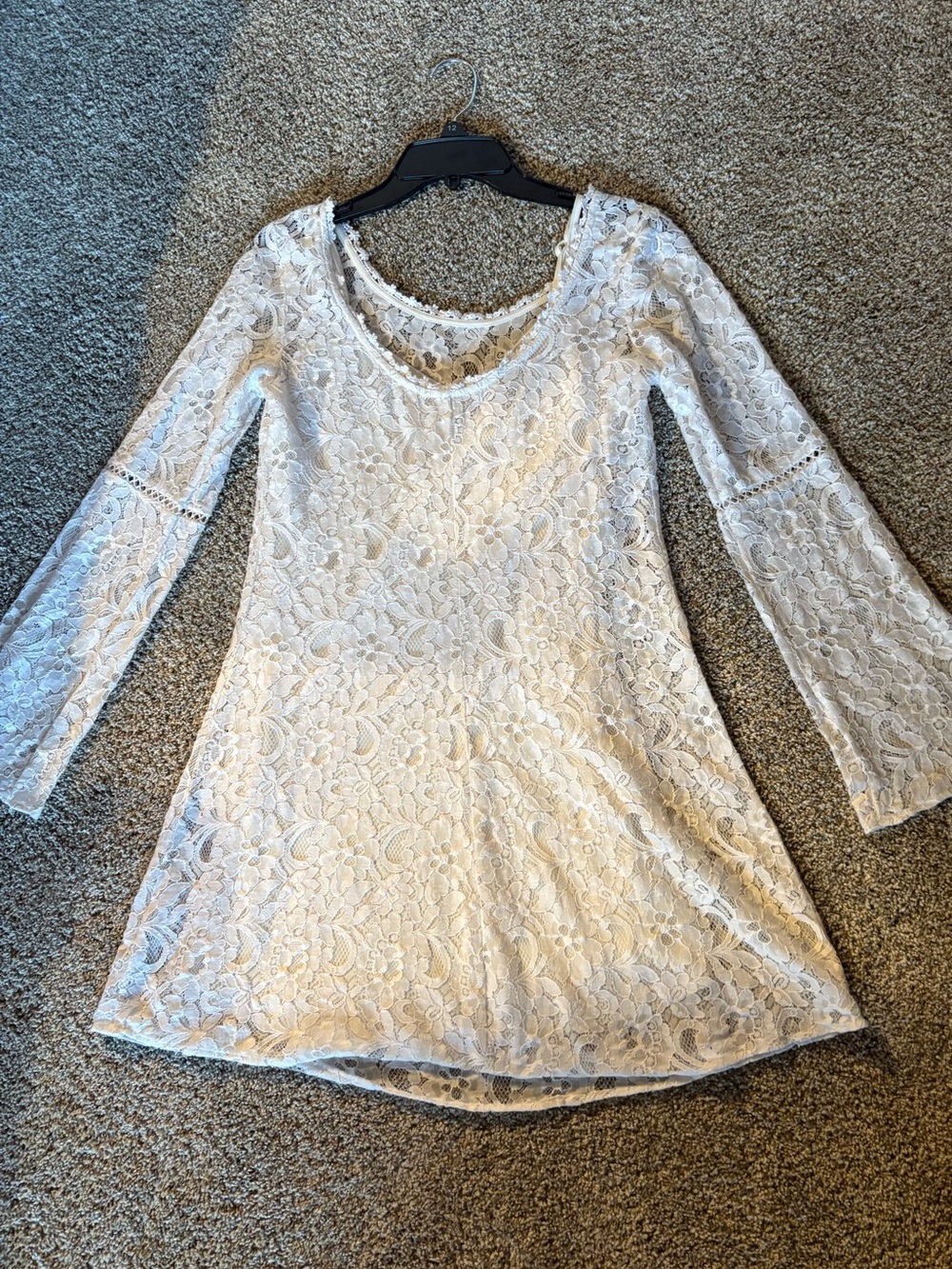 Dress & Slip Combo: Women's White Lace Bell Sleeve Top + Cream Slip